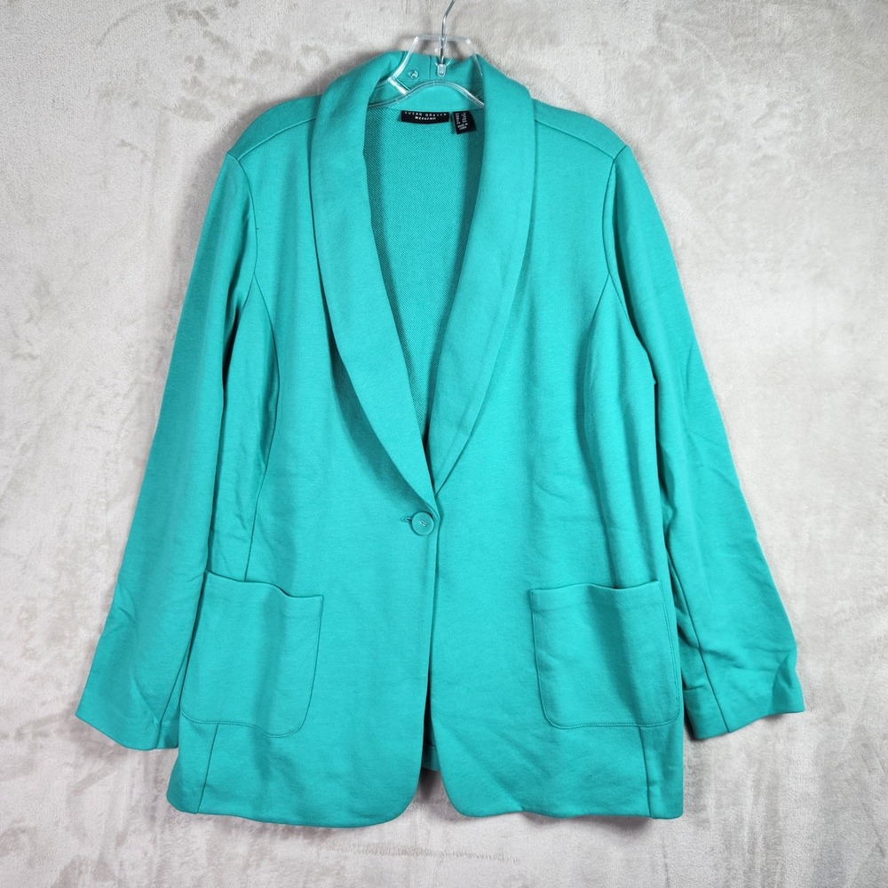 Susan Graver Blazer Womens 1X Raw Turquoise Marina Knit Office Career A562472